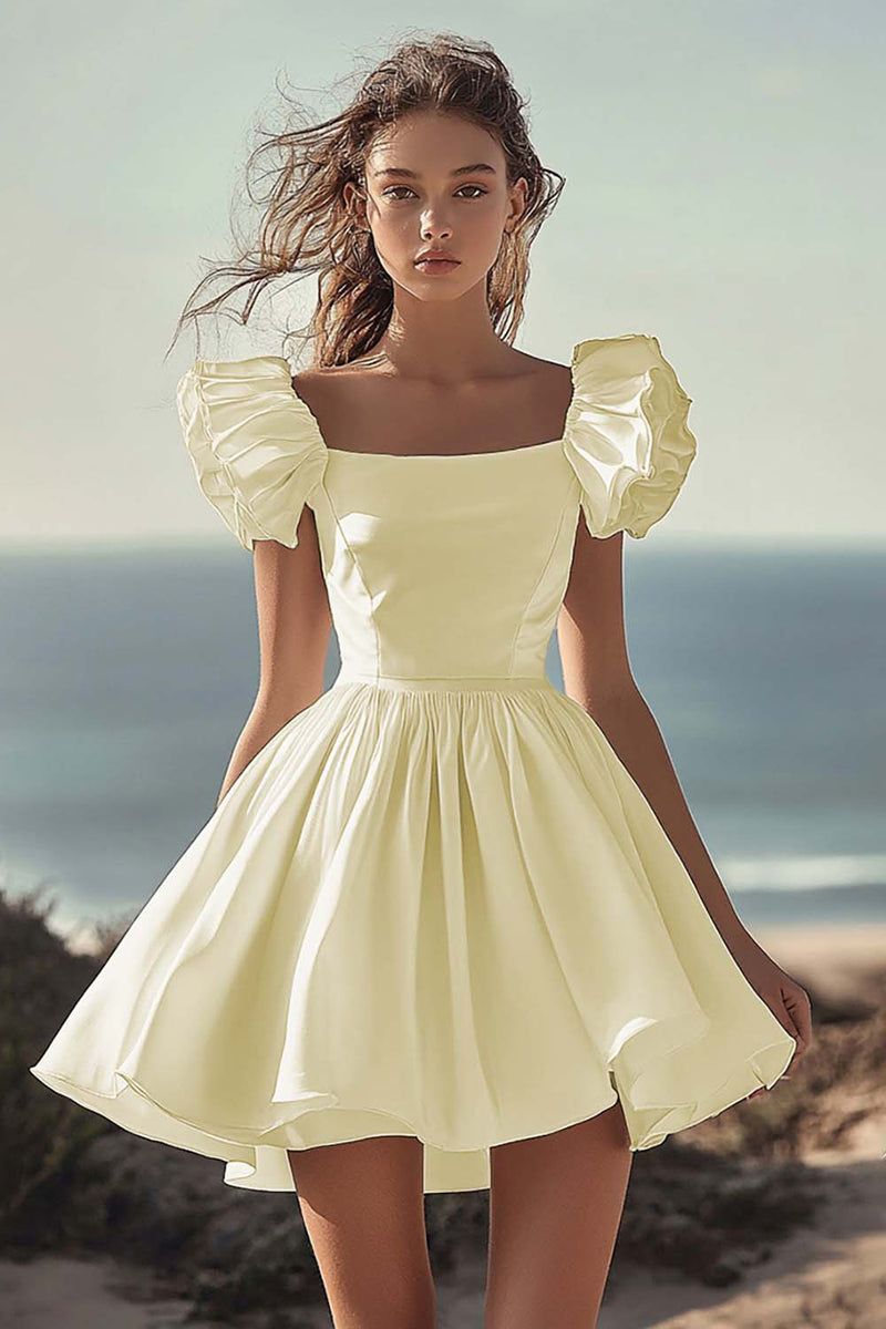 Load image into Gallery viewer, Black A Line Satin Mini Graduation Dress with Ruffles