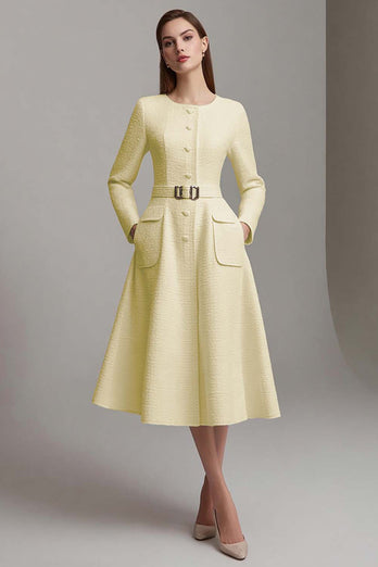 Ivory Tweed Boat Neck A Line Midi Homecoming Outfits with Belts