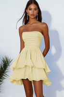 Load image into Gallery viewer, Sky Blue A Line Chiffon Ruched Strapless Short Cocktail Dress with Ruffles