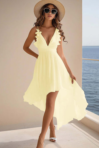 summer rehearsal dinner dress Queendancer Women Dusty Sage Chiffon High Low Rehearsai Dinner Dress Ruffled A Line Spaghetti Straps Boho Summer Dress – queendancer