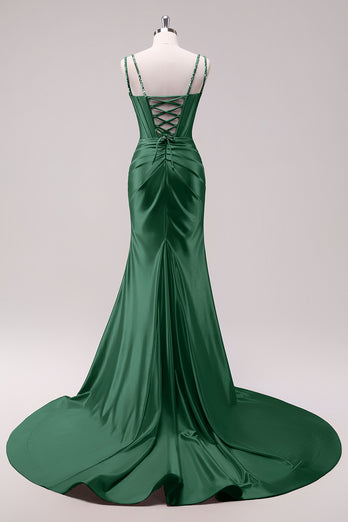 Sparkly Black Corset Spaghetti Straps Prom Dress with Slit