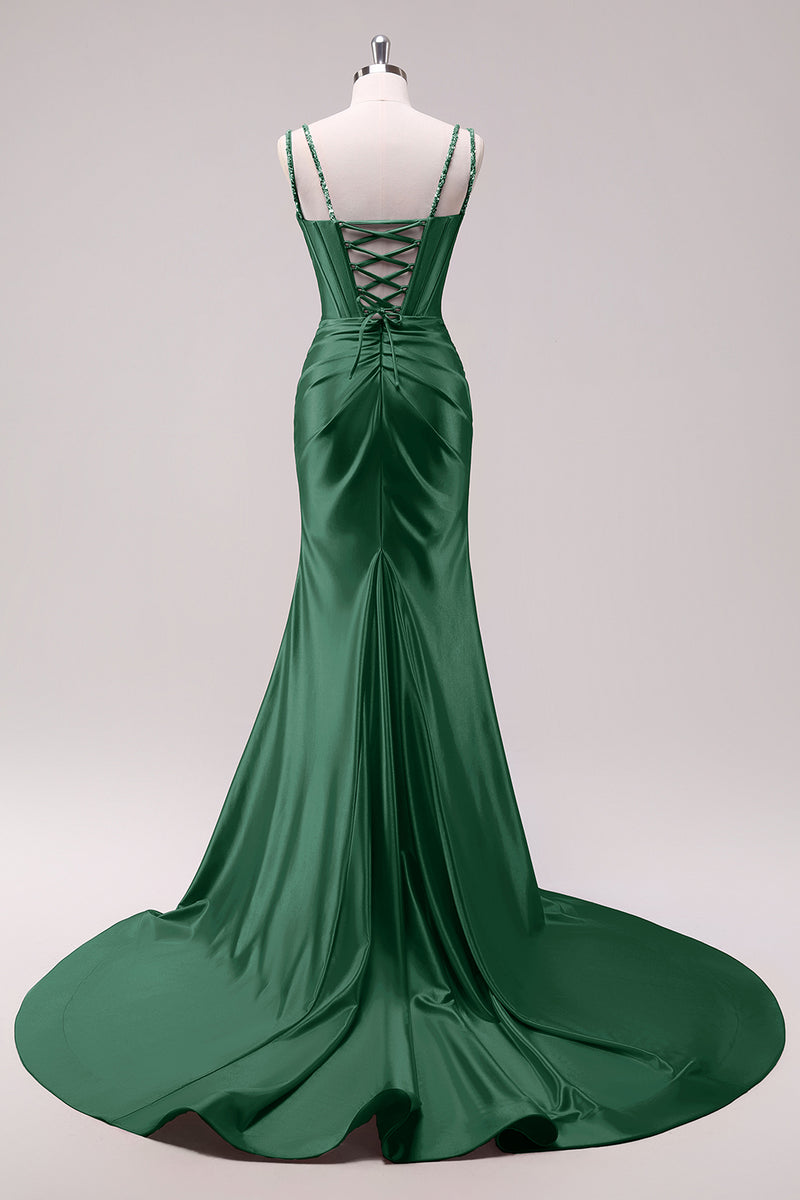 Load image into Gallery viewer, Sparkly Black Corset Spaghetti Straps Prom Dress with Slit