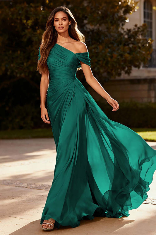 Load image into Gallery viewer, Plus Size Dusty Sage One Shoulder Ruched Long Chiffon Formal Dress with Side Cape