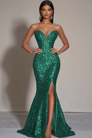 Load image into Gallery viewer, Sparkly Strapless Gold Mermaid Long Sequins Formal Dress with Slit