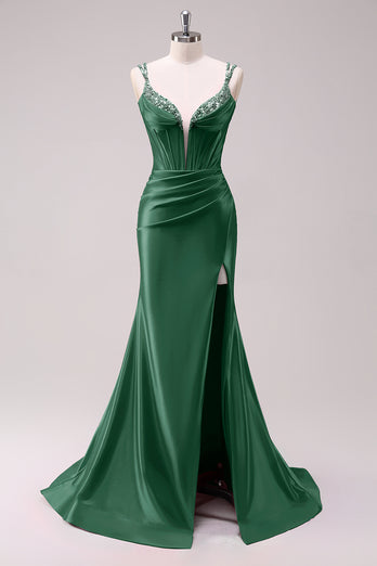 Sparkly Black Corset Spaghetti Straps Prom Dress with Slit