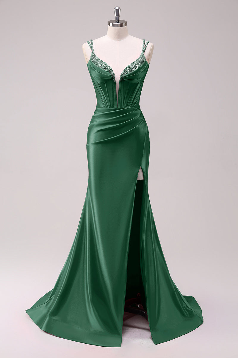 Load image into Gallery viewer, Sparkly Black Corset Spaghetti Straps Prom Dress with Slit