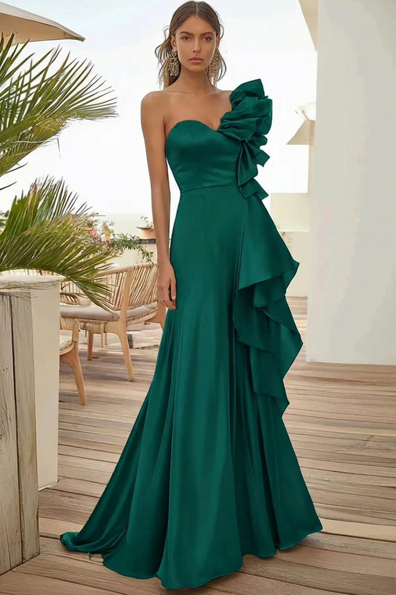 Load image into Gallery viewer, Black Satin One Shoulder A Line Long Prom Dress with Ruffles