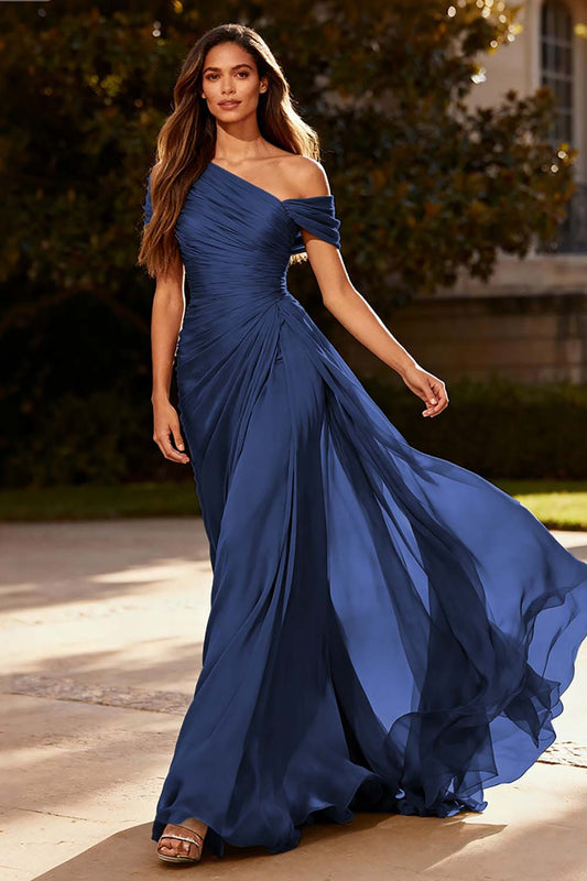 Load image into Gallery viewer, Plus Size Dusty Sage One Shoulder Ruched Long Chiffon Formal Dress with Side Cape