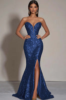 Load image into Gallery viewer, Sparkly Strapless Gold Mermaid Long Sequins Formal Dress with Slit