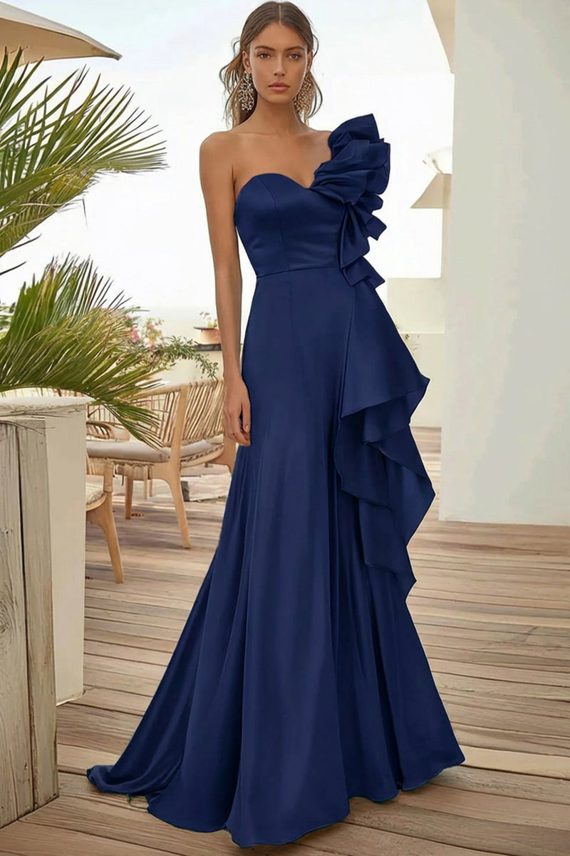 Load image into Gallery viewer, Black Satin One Shoulder A Line Long Prom Dress with Ruffles