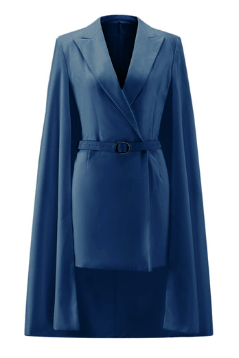 White Satin Bodycon Peak Lapel Short Work Blazer Dress with Cape