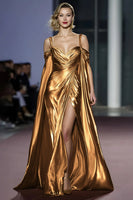 Load image into Gallery viewer, Golden Metallic A Line Cold Shoulder Long Gala Dress with Slit