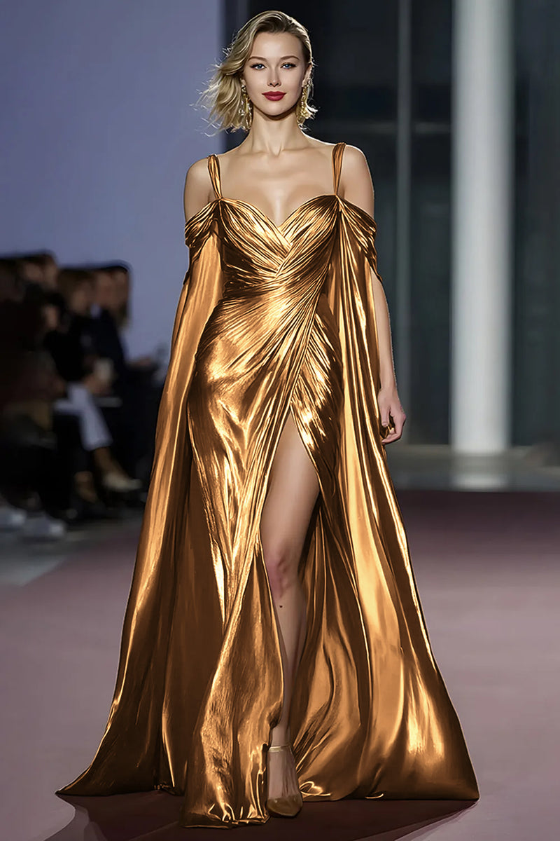 Load image into Gallery viewer, Golden Metallic A Line Cold Shoulder Long Gala Dress with Slit