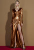 Load image into Gallery viewer, Glitter Golden Metallic Ruched V-Neck Long Sleeves Gala Dress with Slit
