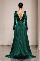 Load image into Gallery viewer, Peacock Green Satin V-Neck A Line Long Sleeves Formal Dress