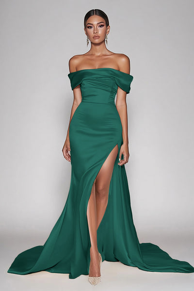 Dark Green Satin Off the Shoulder Sheath Long Prom Dress with Slit