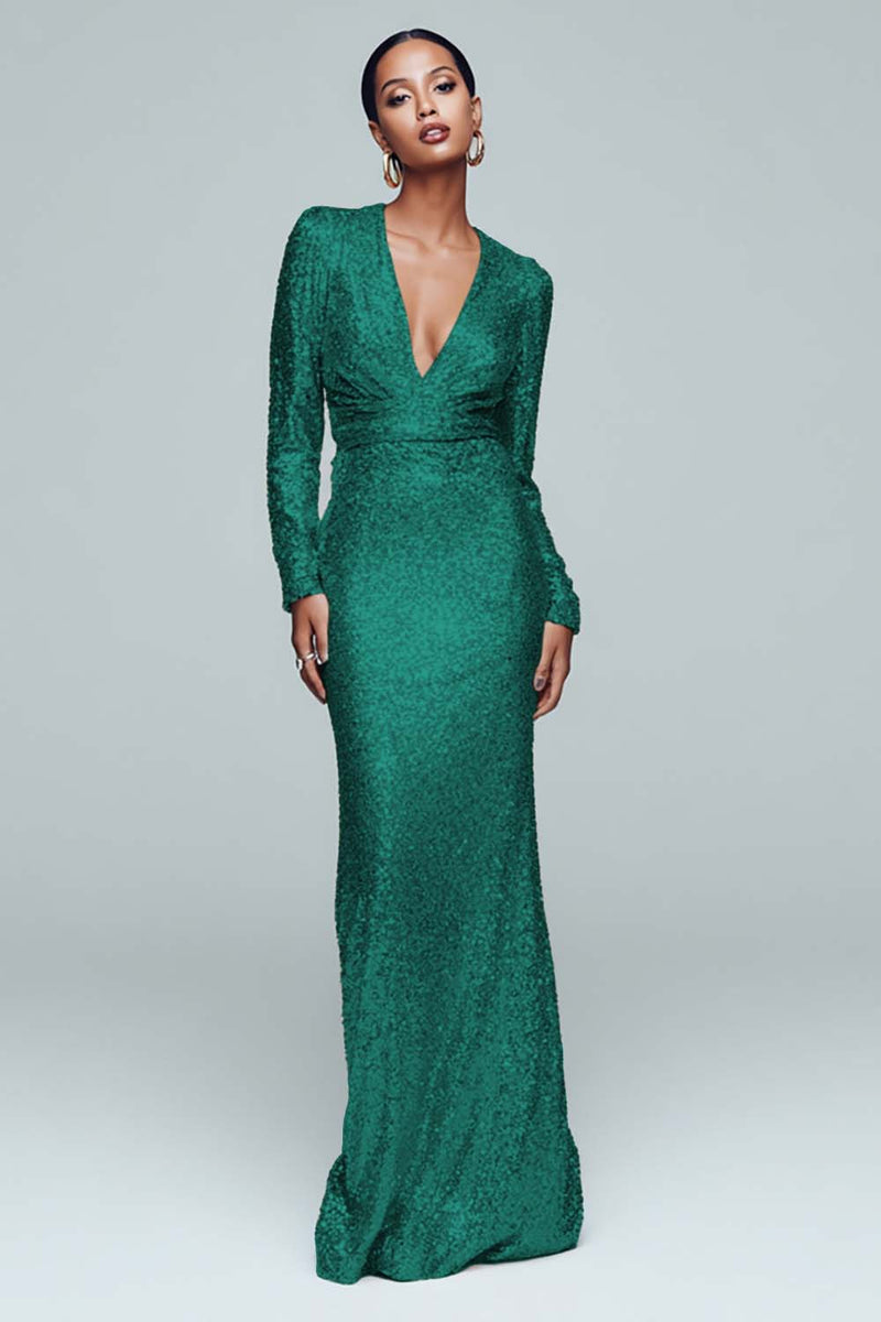 Load image into Gallery viewer, Sparkly Gold Mermaid Sequin V-Neck Long Sleeves Holiday Party Dress