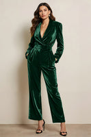 Load image into Gallery viewer, Green Velvet Peak Lapel Long Sleeves Prom Jumpsuits with Pockets