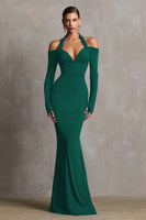 Load image into Gallery viewer, Burgundy Mermaid Halter Long Sleeves Formal Dress