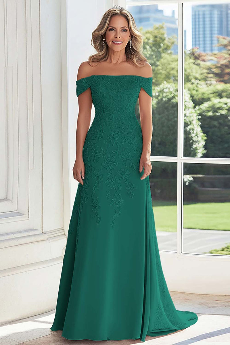 Load image into Gallery viewer, Off The Shoulder Taupe Sheath Mother of the Bride Dress with Lace