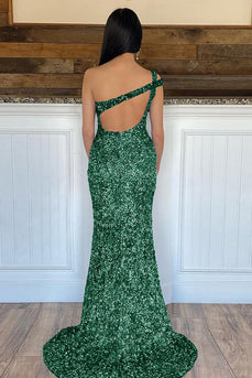 Mermaid One Shoulder Dark Green Sequins Long Prom Dress