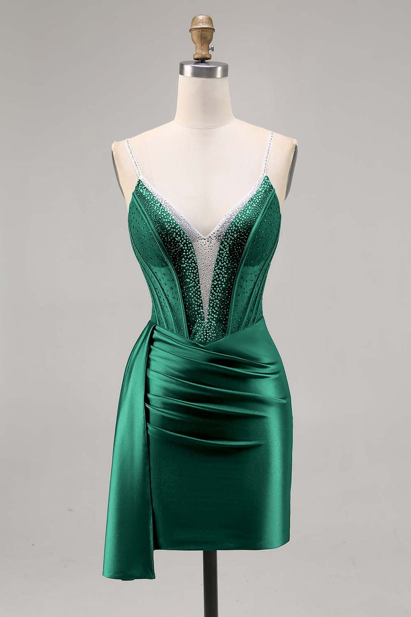 Load image into Gallery viewer, Sparkly Navy Satin Short Corset Homecoming Dress with Beading