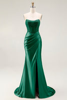 Load image into Gallery viewer, Sparkly Blush Strapless Ruched Mermaid Satin Long Prom Dress with Slit