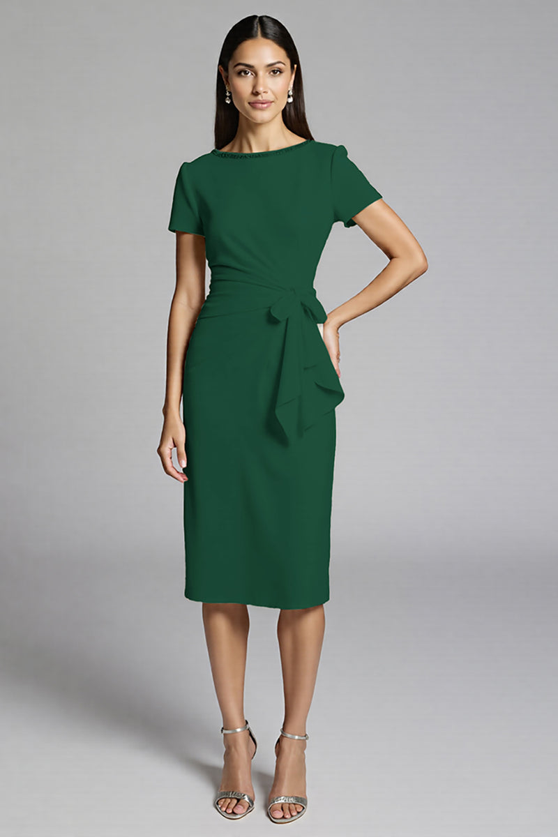 Load image into Gallery viewer, Beige Bodycon Midi Satin Work Dress with Ruffles
