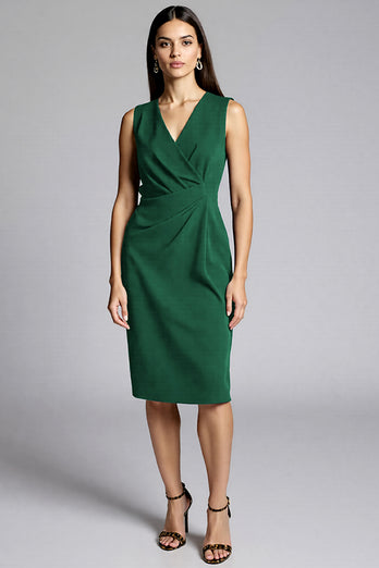 Navy Satin Bodycon V-Neck Midi Work Dress