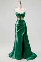 Load image into Gallery viewer, Sparkly Champagne Mermaid Spaghetti Straps Ruched Long Prom Dress with Beading