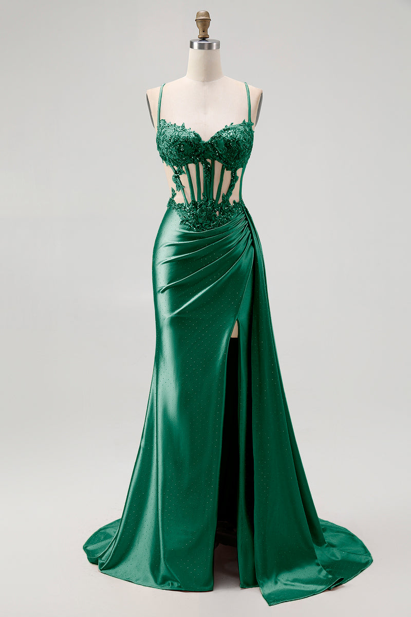 Load image into Gallery viewer, Sparkly Champagne Mermaid Spaghetti Straps Ruched Long Prom Dress with Beading