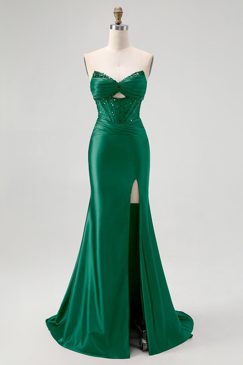 Load image into Gallery viewer, Sparkly Black Mermaid Satin Sweetheart Long Corset Prom Dress with Slit