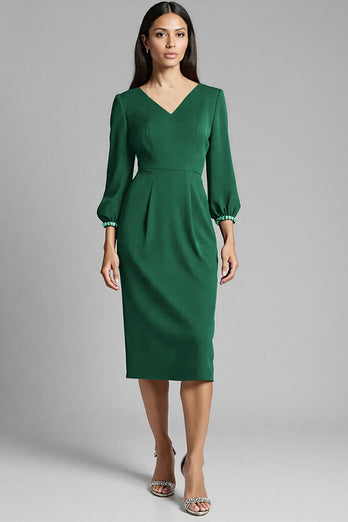 Navy Satin V-Neck Bodycon Midi Work Dress