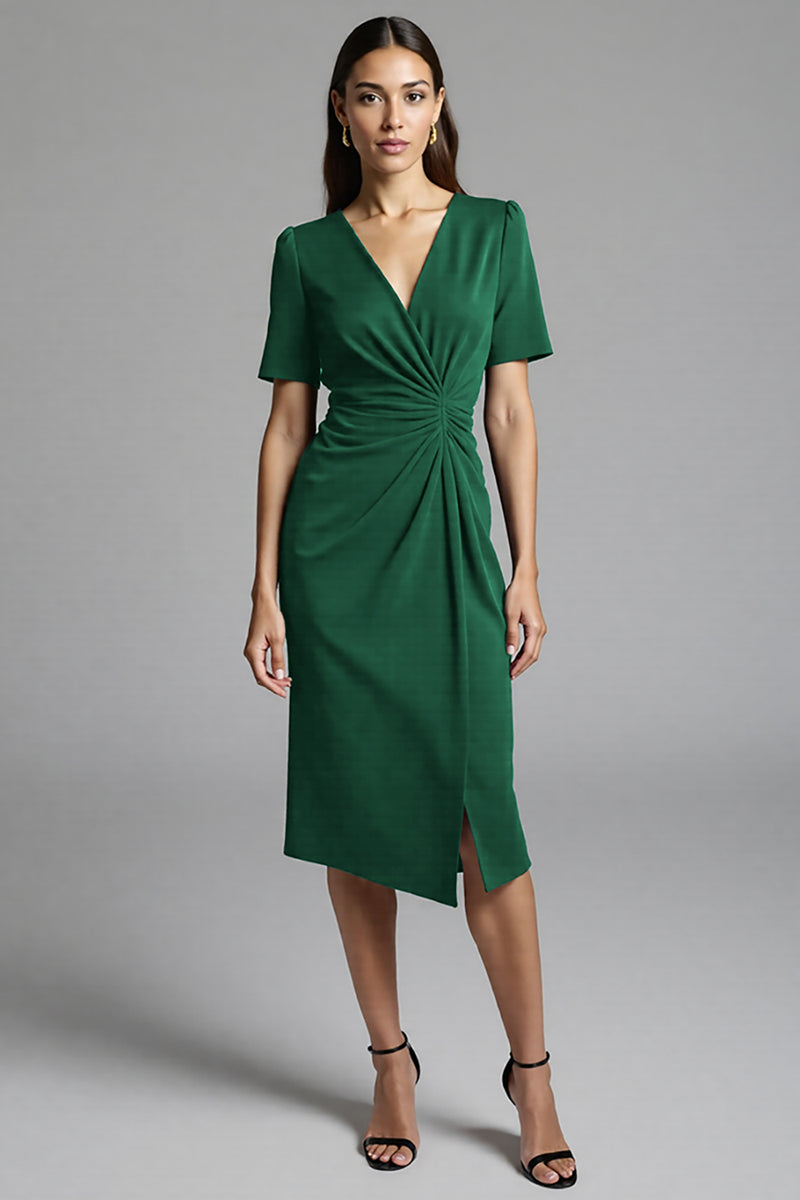 Load image into Gallery viewer, Navy Bodycon Satin V-Neck Midi Work Dress with Sleeves
