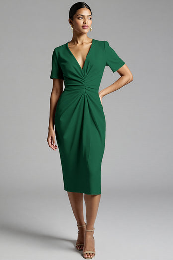 Champagne Bodycon V-Neck Midi Satin Work Dress with Sleeves