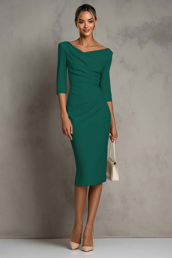 Simple Ivory Ruched Pencil Half Sleeves Midi Work Dress with Slit