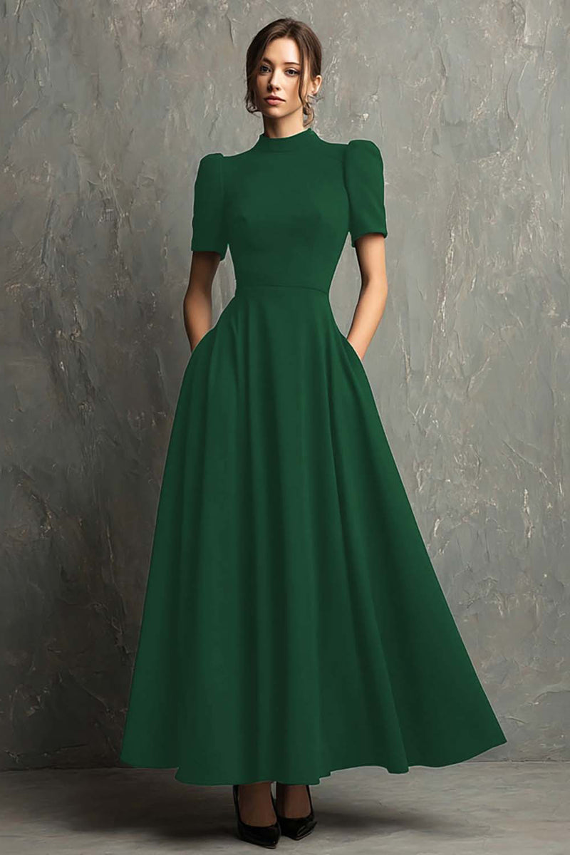 Load image into Gallery viewer, Elegant Black A-Line High Neck Short Sleeves Long Formal Dress with Pockets