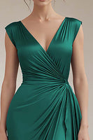 Load image into Gallery viewer, Grey Blue V-Neck Sheath V-Neck Long Satin Formal Dress with Ruffles