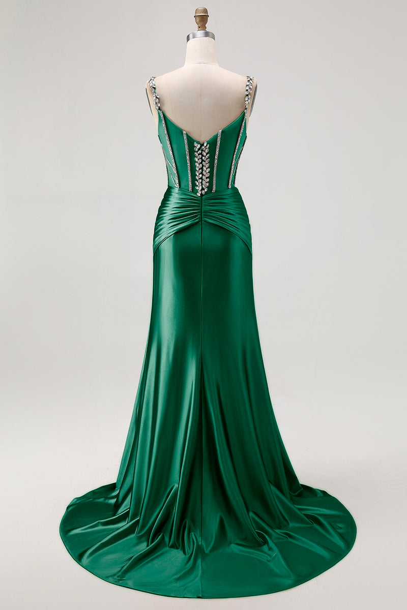 Load image into Gallery viewer, Sparkly Blush Spaghetti Straps Satin Mermaid Beaded Long Corset Prom Dress