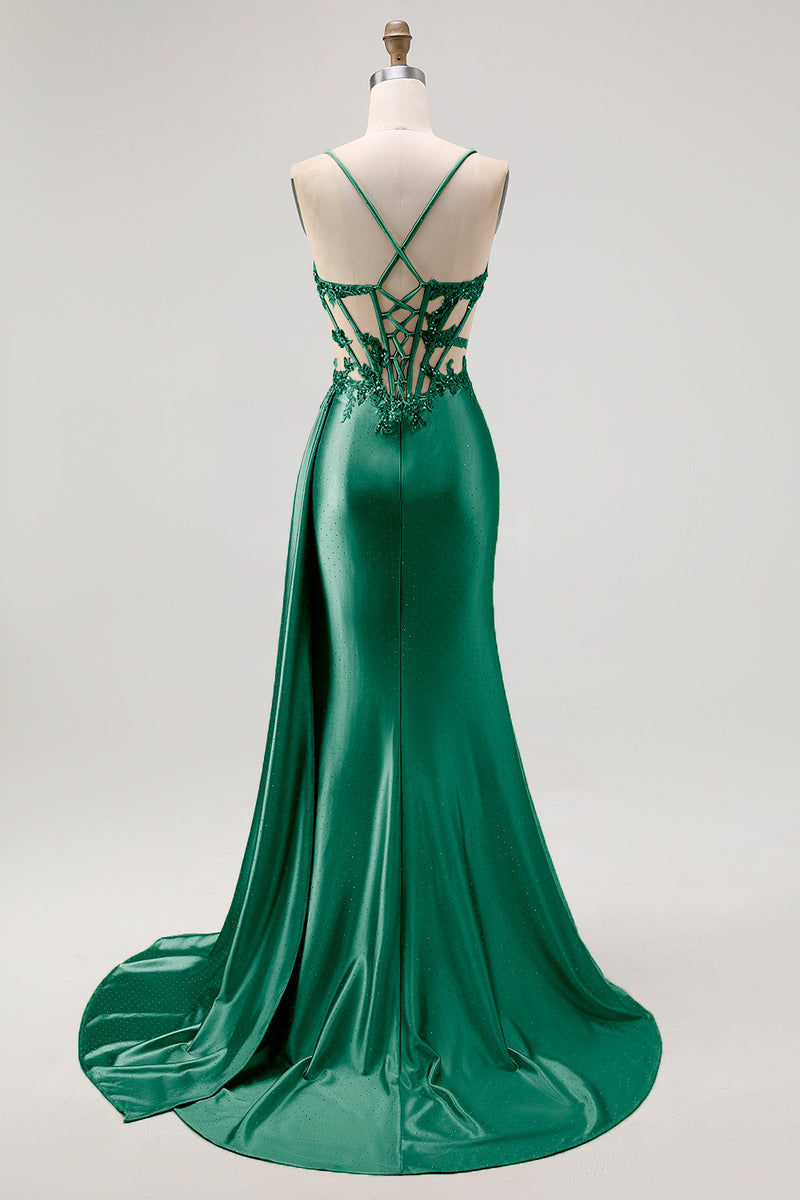 Load image into Gallery viewer, Sparkly Champagne Mermaid Spaghetti Straps Ruched Long Prom Dress with Beading