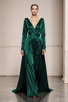 Load image into Gallery viewer, Peacock Green Satin V-Neck A Line Long Sleeves Formal Dress