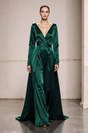 Peacock Green Satin V-Neck A Line Long Sleeves Formal Dress