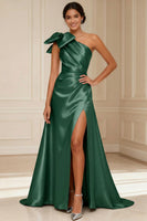 Load image into Gallery viewer, Silver Satin One Shoulder A Line Long Mother of the Bride Dress with Bow