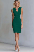 Load image into Gallery viewer, Queendancer Women Ivory Satin Short Work Dress Bodycon V-Neck Sleeveless Semi Formal Dress