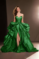 Load image into Gallery viewer, Dark Red A Line Satin Ruffled Sweetheart Ball Gown Long Pageant Dress with Slit