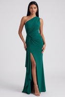 Load image into Gallery viewer, Burgundy One Shoulder Ruched Long Mermaid Formal Dress with Ruffles