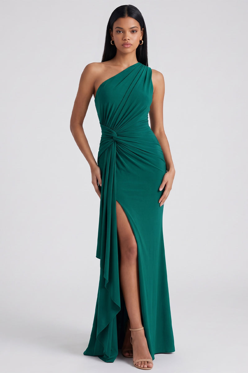 Load image into Gallery viewer, Burgundy One Shoulder Ruched Long Mermaid Formal Dress with Ruffles