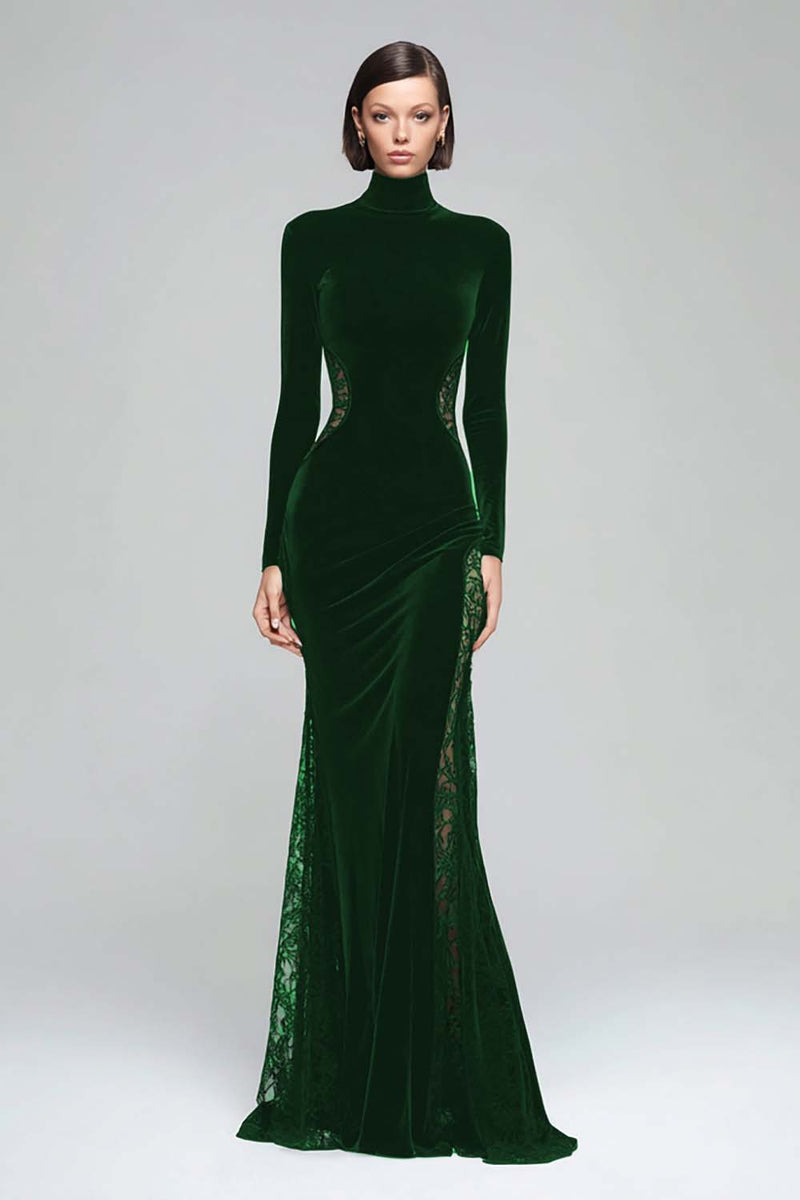 Load image into Gallery viewer, Black Velvet High Neck Mermaid Maxi Holiday Party Dress with Lace