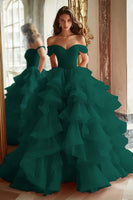 Load image into Gallery viewer, Pink Ball Gown A Line Tulle Off the Shoulder Tiered Long Quinceanera Dress with Ruffles