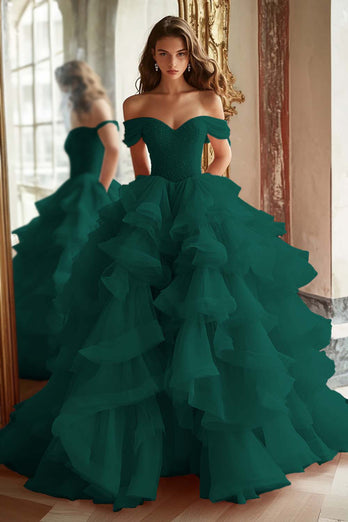 Pink Ball Gown A Line Tulle Off the Shoulder Tiered Long Quinceanera Dress with Ruffles